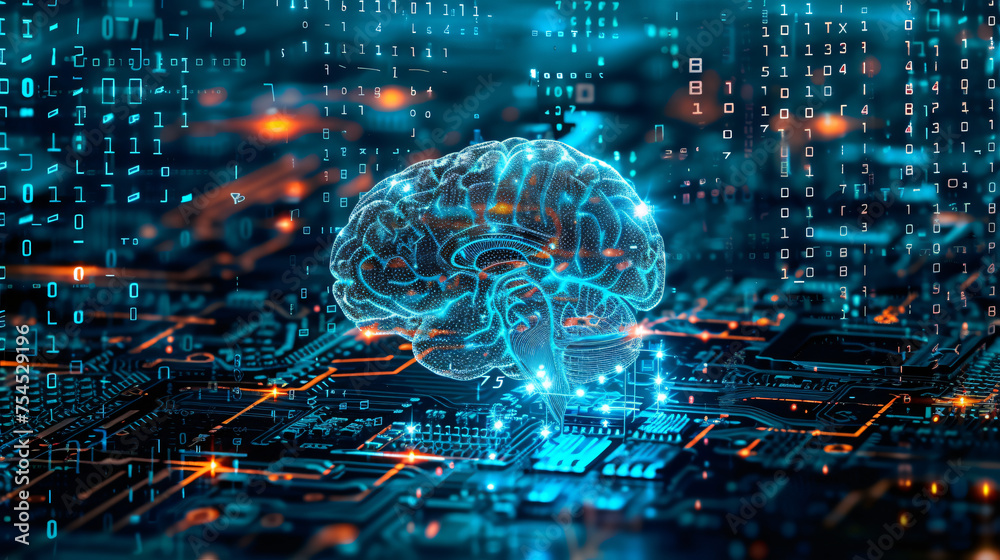 Fototapeta premium The cloud technology concept, of a digital blue human brain, with connect glowing blue circuit board and glowing coding data, generative ai