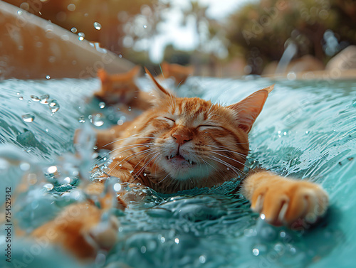 Cat is swimming in a pool with other cats.
