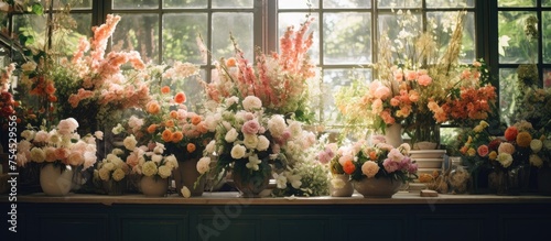 A variety of colorful flower bouquets are neatly arranged and displayed on a window sill inside a flower shop. The sunlight filters through the window, highlighting the vibrant hues of the flowers. © Vusal