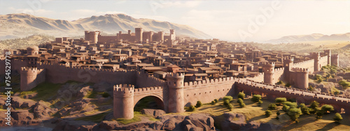 Fantasy digital painting of a huge ancient city with walls and a castle