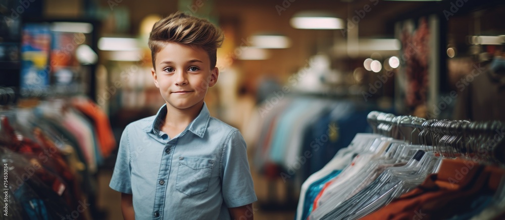 A young boy is standing in front of a rack filled with various shirts, browsing through the different options. He appears to be carefully examining the fabrics and designs, possibly choosing one to A young boy is standing in front of a rack filled with various shirts, browsing through the different options. He appears to be carefully examining the fabrics and designs, possibly choosing one to