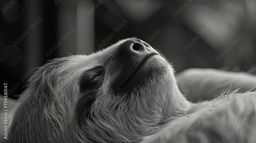 Fototapeta premium Close-up portrait of a sleeping sloth. Detailed image of the resting animal's face. Illustration for cover, card, interior design, poster, brochure or presentation.