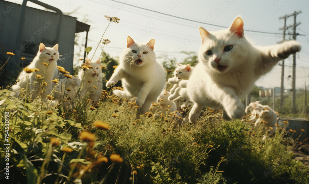 Playful Leap of White Cats in a Field