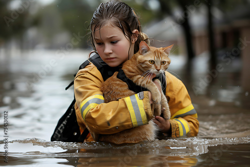 Girl in yellow jacket happily holds a cat with whiskers in flood