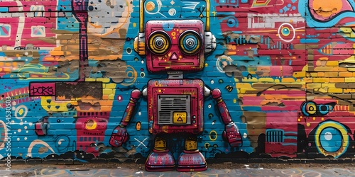Whimsical Robot Painting a Mural on a Wall. Concept Fantasy Art  Urban Street Art  Robot Characters  Mural Creation