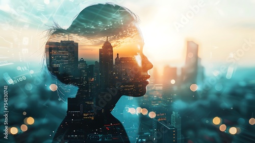 Double Exposure Image of Business Person on modern city background