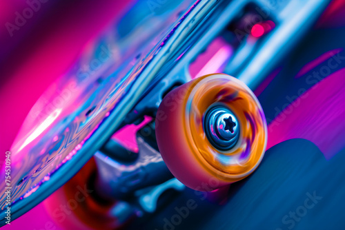 A skateboard with a bright orange wheel is shown in a colorful background. Concept of fun and excitement, as skateboarding is often associated with youthful energy and adventure