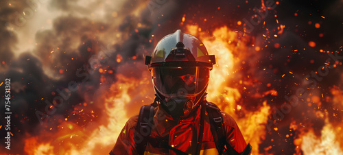 A firefighter bravely battles raging flames at the scene of a burning building, rescuing trapped individuals and protecting lives