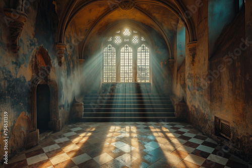 interior of a very old cathedral with massive doors and spectacular light rays beaming through windows