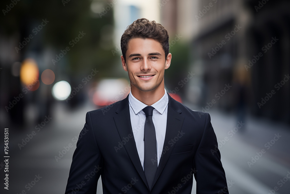 Young smiling businessman in suit. Man in work clothes. Rich man. Business boss. Boss of a start-up. European man. American man. AI.
