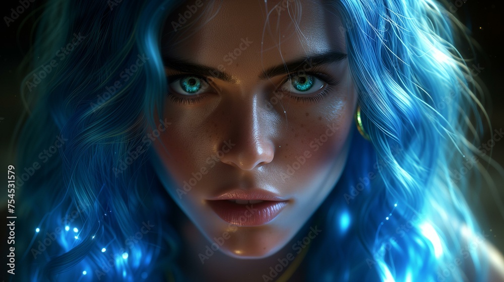 Mystical Woman with Luminous Blue Hair