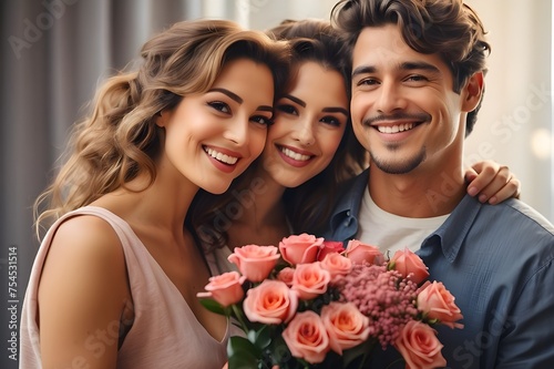 family with bouquet of roses