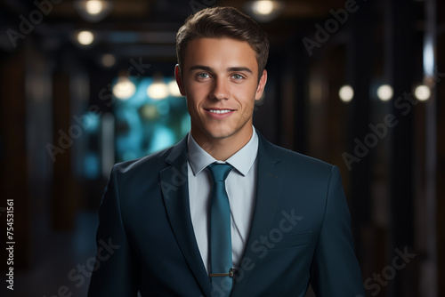 Young smiling businessman in suit. Man in work clothes. Rich man. Business boss. Boss of a start-up. European man. American man. AI.