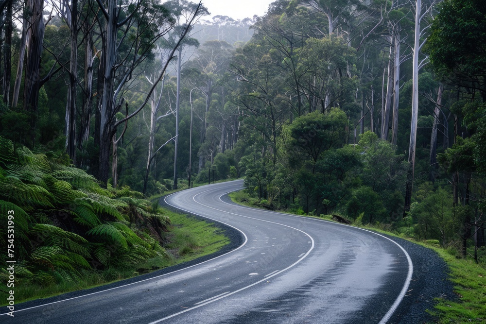 Curving Road through Lush Green Forest in Tasmania with White Line Markings. Vertical View with Beautiful Curved Shapes