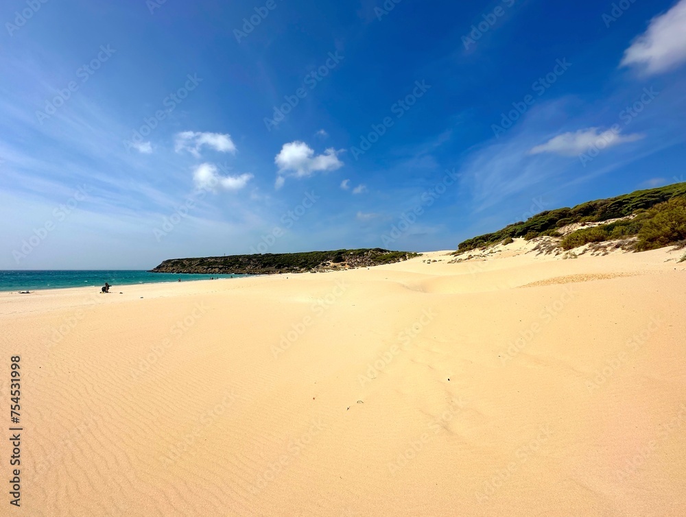 view of the beautiful beach Playa de Bolonia at the Costa de la Luz, Andalusia, Cadiz, Spain