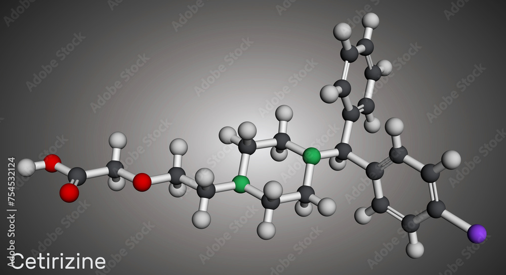 Cetirizine drug molecule. It is drug used in allergic rhinitis and chronic urticaria. Molecular model. 3D rendering. - obrazy, fototapety, plakaty 