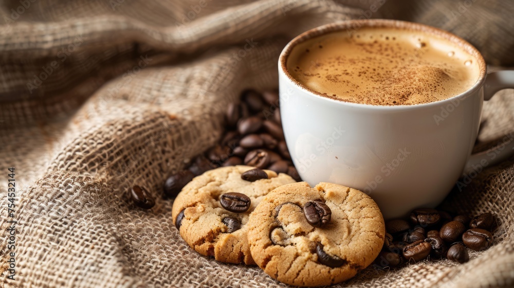 Delicious Coffee and Cookies on Burlap Background. Freshly Baked Pastry with Oat and Coffee Bean Sack, appetising Hot Drink Delicious Coffee and Cookies on Burlap Background. Freshly Baked Pastry with Oat and Coffee Bean Sack, appetising Hot Drink
