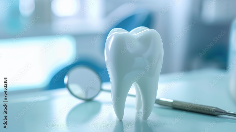 Dental Care in Dentist Office Background. Healthy White Teeth and Mirror with Explorer Probe Instrument. Dental Hygiene and Medicals Concept Dental Care in Dentist Office Background. Healthy White Teeth and Mirror with Explorer Probe Instrument. Dental Hygiene and Medicals Concept