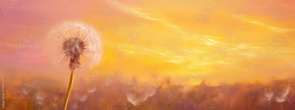 Dandelion seeds floating in the wind against a backdrop of a setting sun in shades of yellow, orange and pink