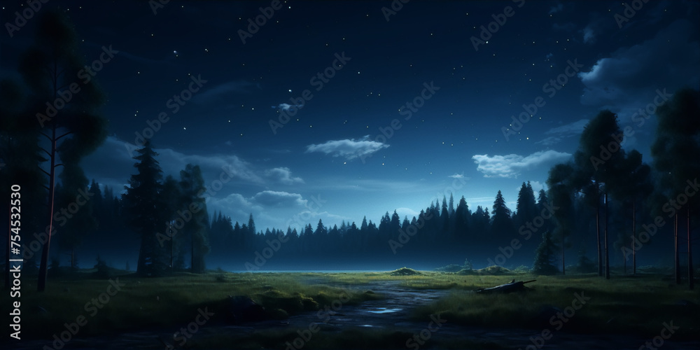 Mystical night forest landscape with a starry sky and a glowing river among the dark trees. Mystical night forest landscape with a starry sky and a glowing river among the dark trees.