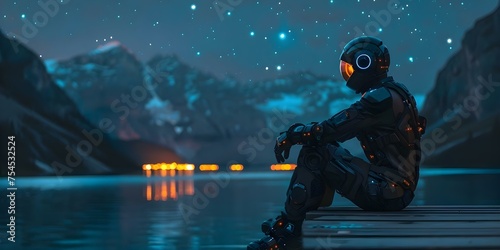 Contemplating Robot on a Dock Under the Stars. Concept Sci-Fi, Robot, Contemplation, Dock, Stars