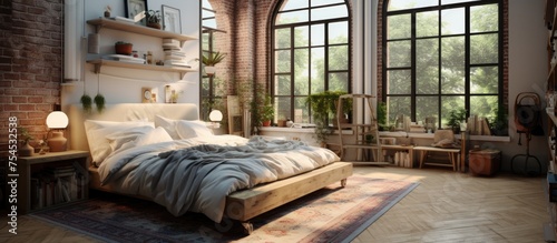 A bedroom featuring a comfortable bed positioned next to large windows, allowing natural light to illuminate the room. The bed is adorned with pillows and a cozy blanket, with a soft carpet underneath