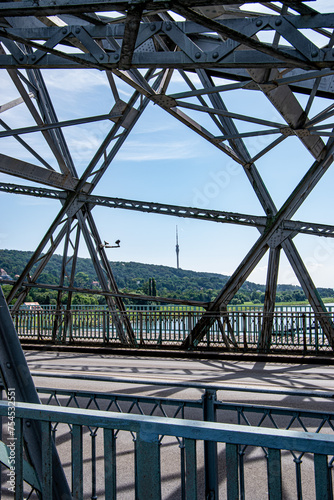 Beautiful Loschwitz Bridge over the Elbe River. Dresden, Germany.