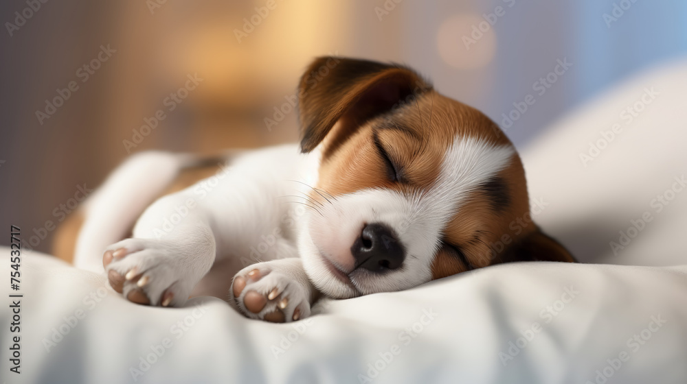 Jack russel terrier puppy sleeping on white bed. Jack russel terrier puppy sleeping on white bed.