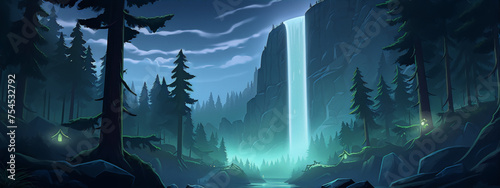 Mystical waterfall in the mountains at night, surrounded by a dark forest. photo