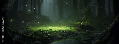 Glowing mushrooms in a mysterious misty forest with a small pond © zhor