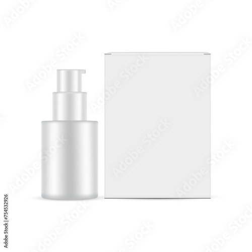 Cosmetic Serum Bottle With Paper Box. Packaging For Cleanse, Moisturize And Protect Skin, Isolated On White Background. Vector Illustration