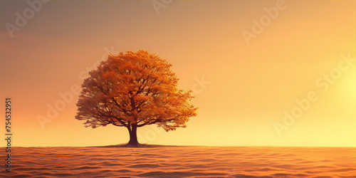 Lonely tree in the middle of a field during sunset with a gradient orange sky