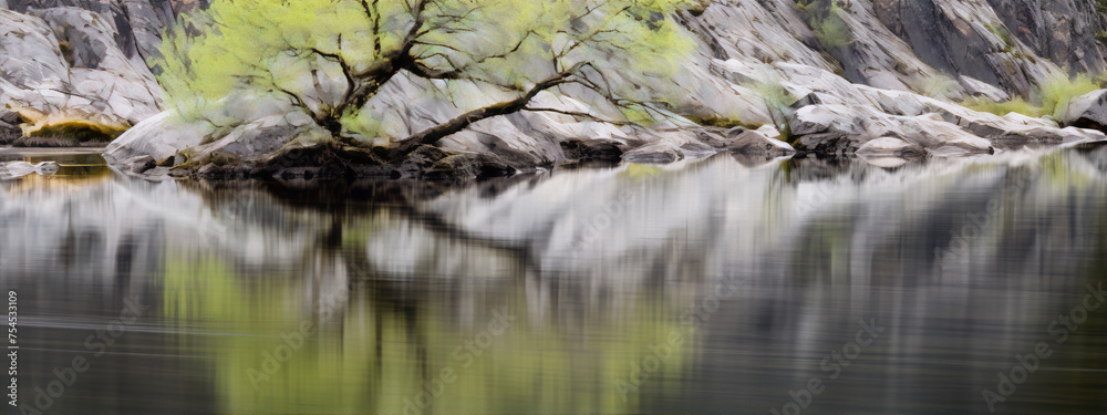 Nature photography of a tree and rocks reflected in a river with a painterly style and green, grey and brown colors. Nature photography of a tree and rocks reflected in a river with a painterly style and green, grey and brown colors.