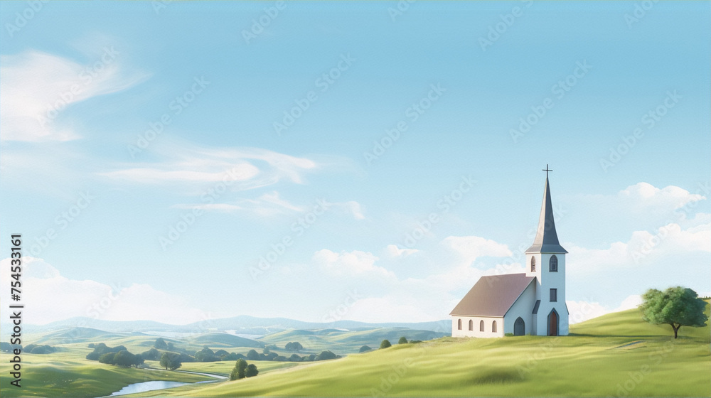 3D rendering of a small church on a hill with a bright blue sky and green field