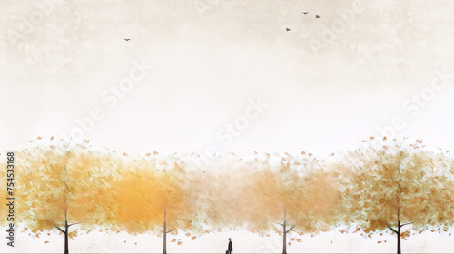 Digital painting of a man walking his dog in an autumn park with a white textured background.