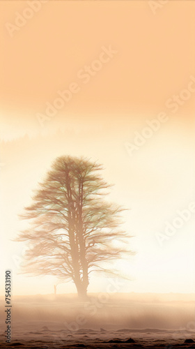 Photography of a lonely tree in the middle of a foggy field at sunset in orange and yellow colors