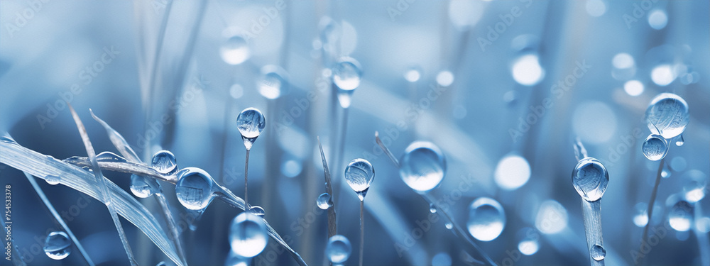 Close-up of delicate dew drops on thin grass blades against blurred background in cool blue tones. - obrazy, fototapety, plakaty 