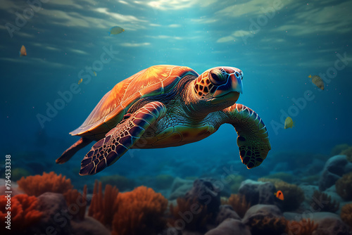 Graceful Sea Turtle Gliding through Coral Reef