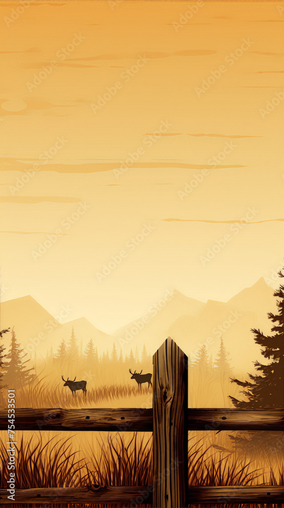 Fence in the middle of a grass field with two deers in the distance with mountains and trees in the background in warm colors.