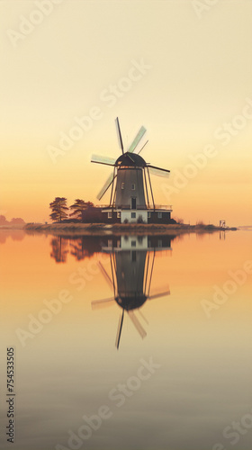 A windmill at sunrise reflecting on a lake with a beautiful orange sky and clouds