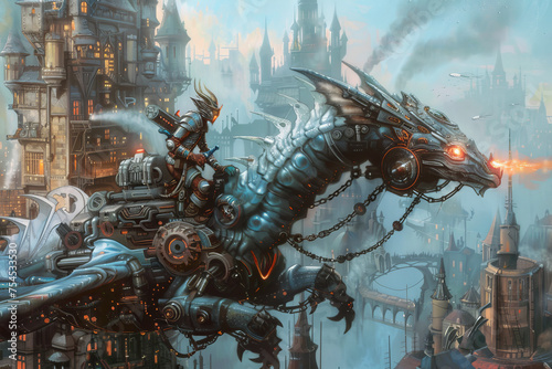 A mechanical dragon rider, perched on a metallic beast, flames spewing from its nostrils as it soars over a steampunk city