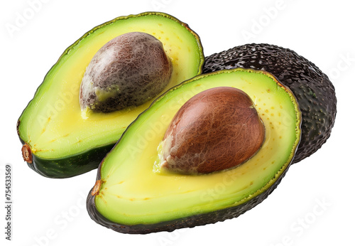 Ripe avocado cut in half revealing the seed, cut out - stock png.