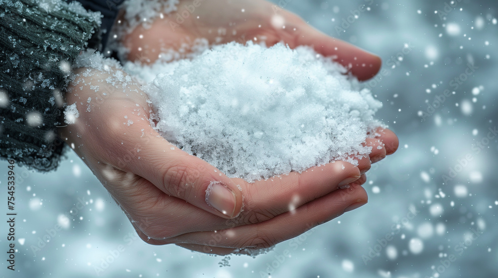 A Pair of Hands Holding Snow with Snowflaks and Snow in the Background. Snowing in Christmas, Winter Wonderland, and Snowing Again Concept A Pair of Hands Holding Snow with Snowflaks and Snow in the Background. Snowing in Christmas, Winter Wonderland, and Snowing Again Concept
