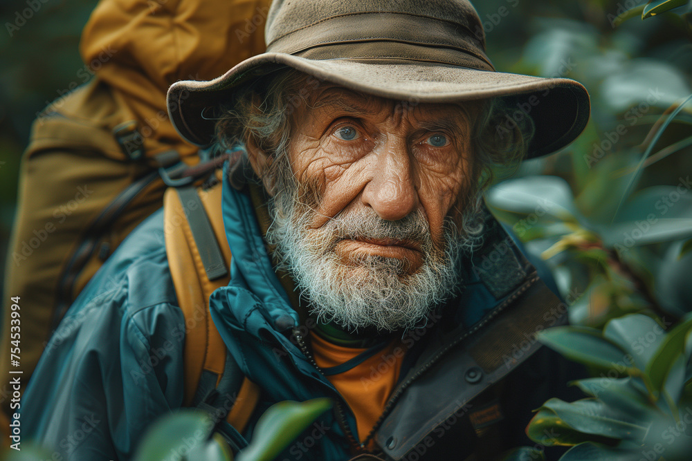 senior man with a hat traveling in jungle