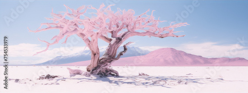 Wallpaper Mural Pink surreal desert landscape with a pink leafless tree and mountains in the background Torontodigital.ca