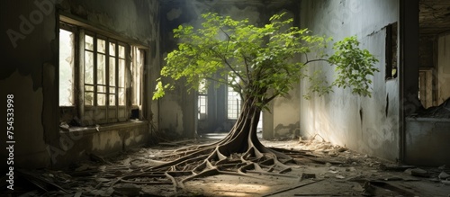 A tree is seen sprouting from the ground inside a decrepit building, showcasing natures resilience amidst urban decay. photo