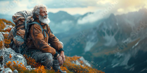 senior adult hiker on the top of mountain