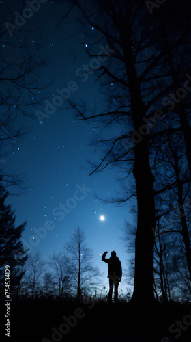 Night sky with stars and silhouette of a person in the woods