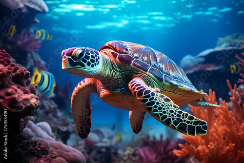 Oceanic Journey - Sea Turtle Among Fish © Canvas Alchemy