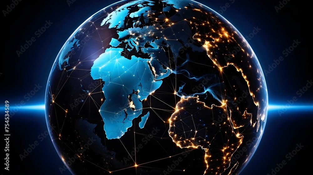 Fototapeta premium Digital world map, globe, concept of global connection, network and data transfer, technology and telecommunication, information flow